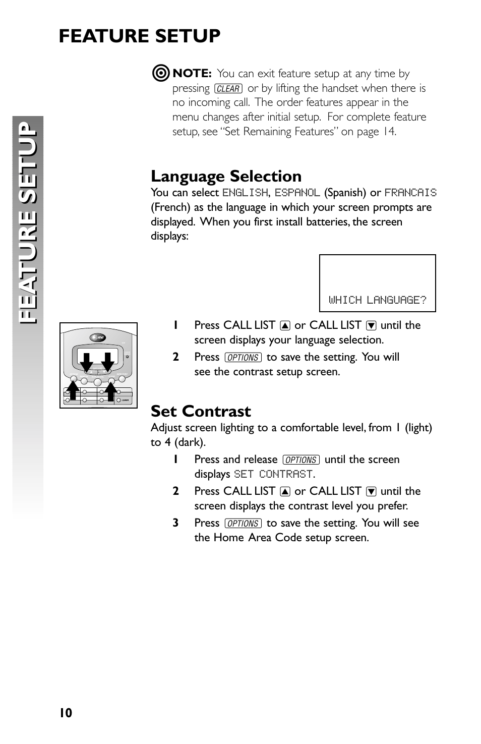 Fea ture setup fea ture setup, Feature setup, Language selection | Set contrast | AT&T Speakerphone with Caller ID with Call Waiting 959 User Manual | Page 12 / 50