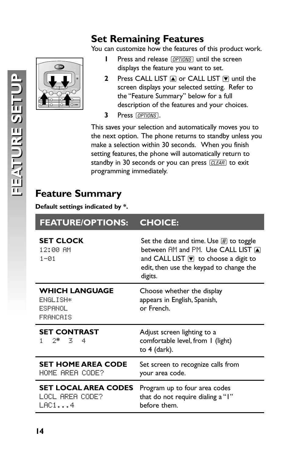 Fea ture setup fea ture setup, Set remaining features, Feature summary | AT&T Speakerphone with Caller ID with Call Waiting 959 User Manual | Page 16 / 50