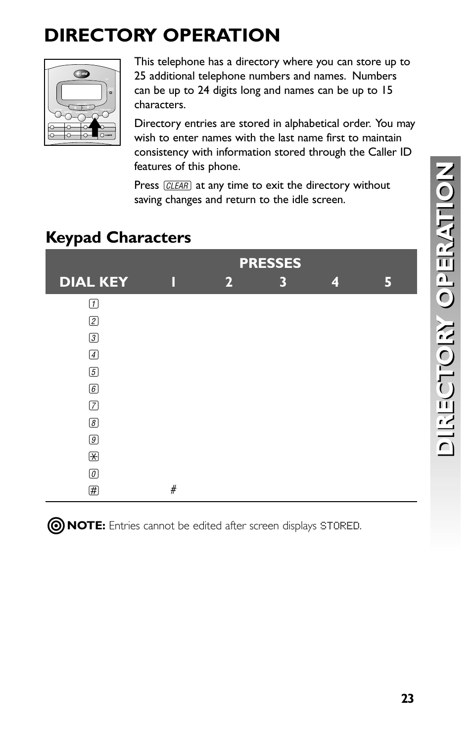 Direct or y opera tion direct or y opera tion, Directory operation, Keypad characters | AT&T Speakerphone with Caller ID with Call Waiting 959 User Manual | Page 25 / 50