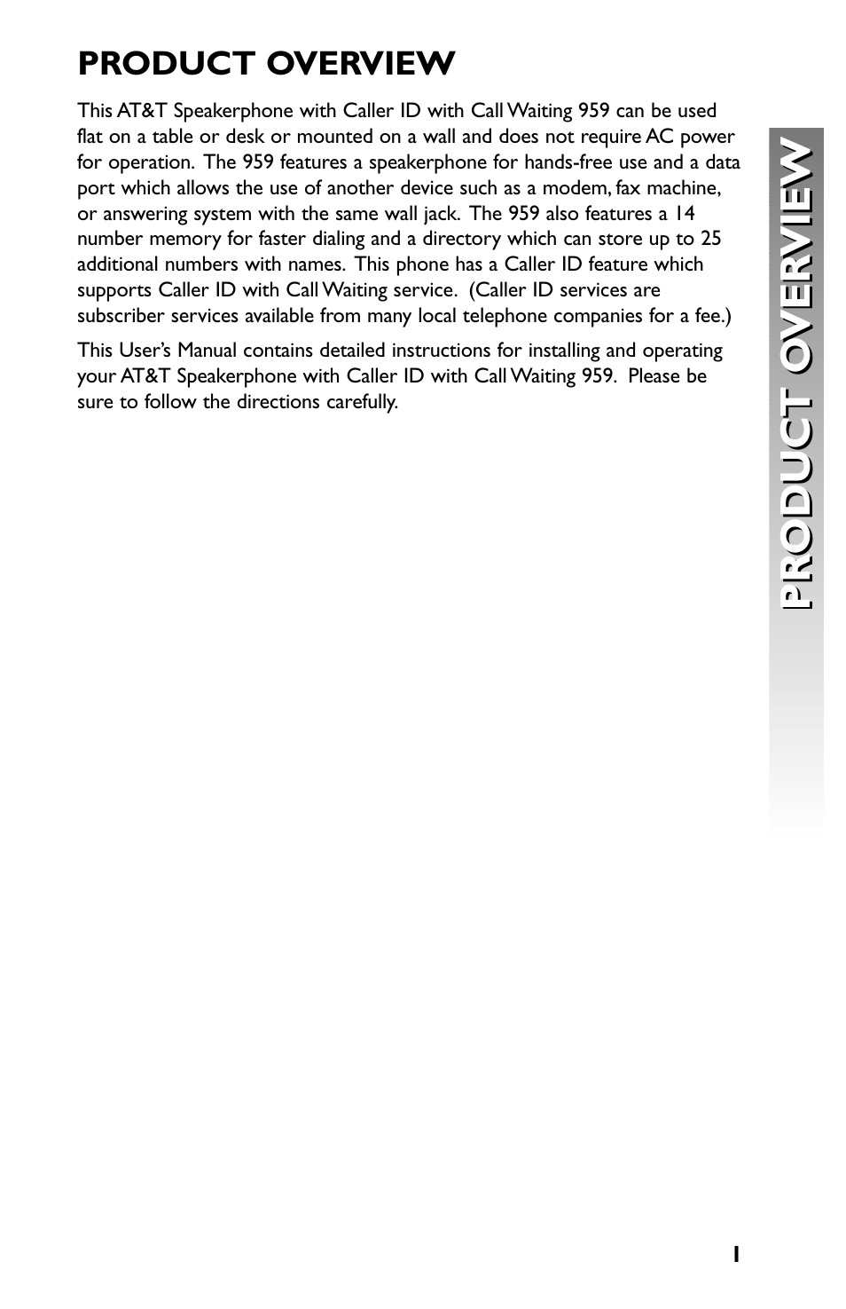 Pr oduct o ver view pr oduct o ver view | AT&T Speakerphone with Caller ID with Call Waiting 959 User Manual | Page 3 / 50