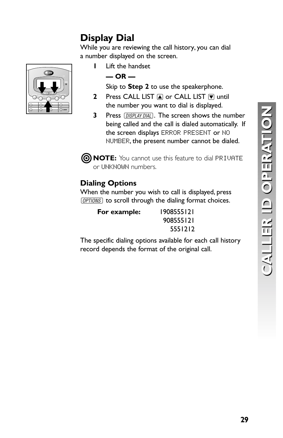 Caller id opera tion caller id opera tion, Display dial | AT&T Speakerphone with Caller ID with Call Waiting 959 User Manual | Page 31 / 50