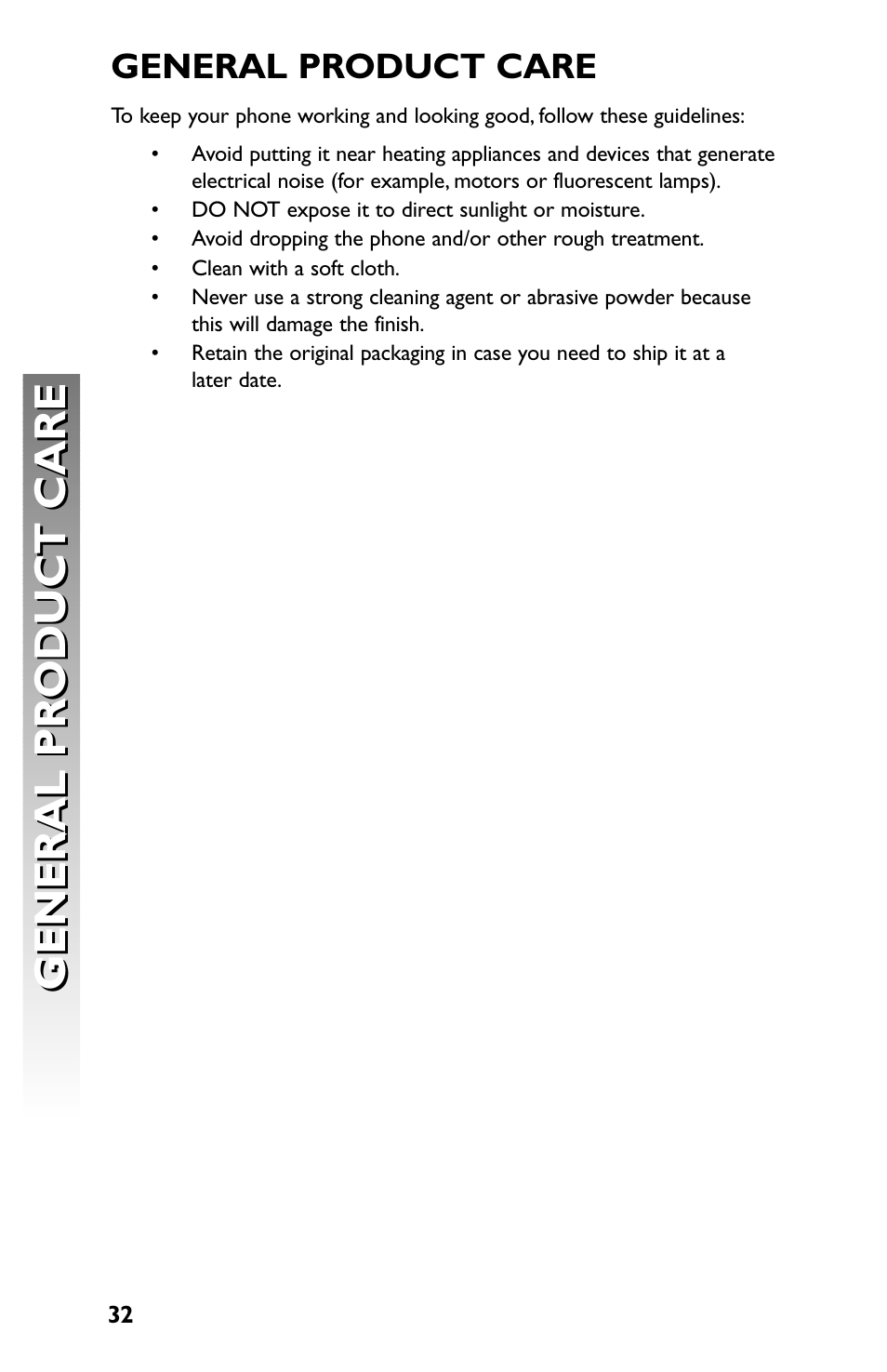 General pr oduct care general pr oduct care, General product care | AT&T Speakerphone with Caller ID with Call Waiting 959 User Manual | Page 34 / 50