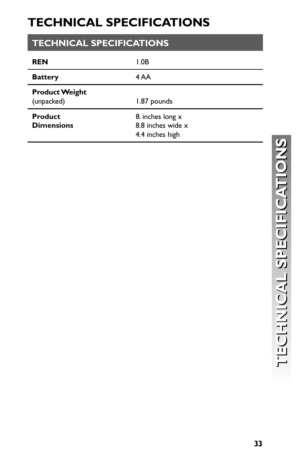 Technical specifications | AT&T Speakerphone with Caller ID with Call Waiting 959 User Manual | Page 35 / 50