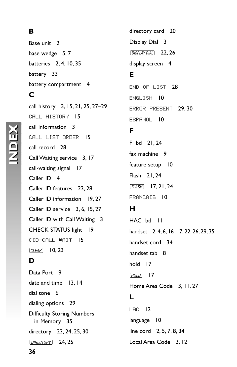 Index | AT&T Speakerphone with Caller ID with Call Waiting 959 User Manual | Page 38 / 50