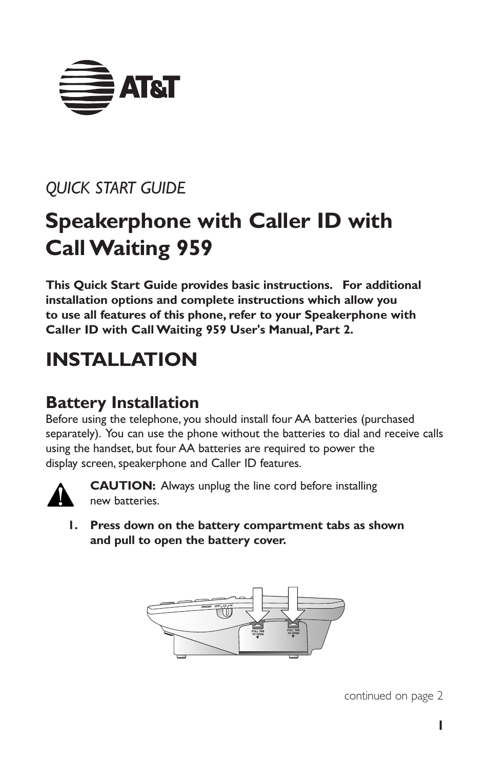 Speakerphone with caller id with call waiting 959, Installation, Battery installation | Quick start guide | AT&T Speakerphone with Caller ID with Call Waiting 959 User Manual | Page 41 / 50