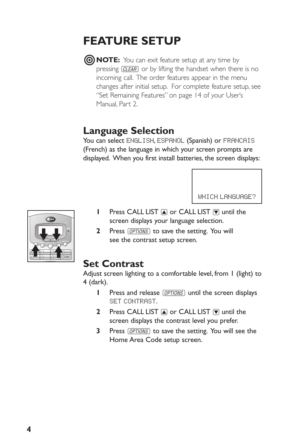 Feature setup, Language selection, Set contrast | AT&T Speakerphone with Caller ID with Call Waiting 959 User Manual | Page 44 / 50