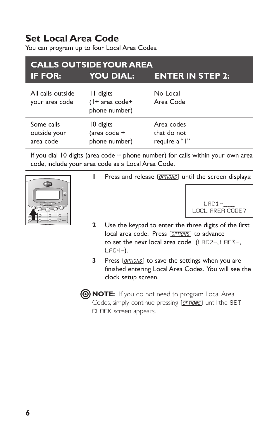 Set local area code | AT&T Speakerphone with Caller ID with Call Waiting 959 User Manual | Page 46 / 50