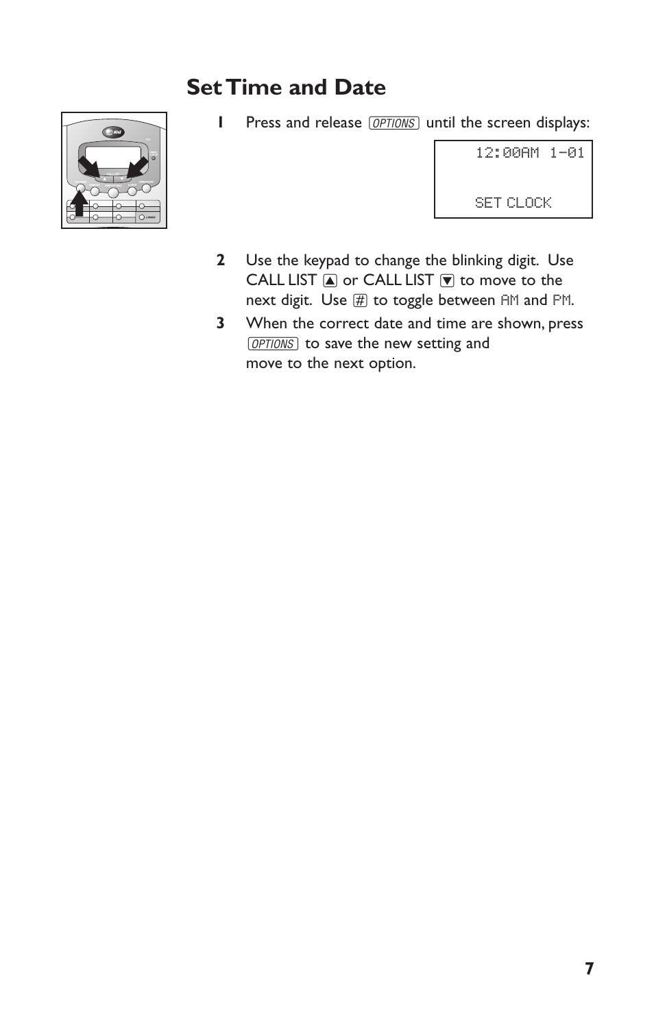 Set time and date | AT&T Speakerphone with Caller ID with Call Waiting 959 User Manual | Page 47 / 50