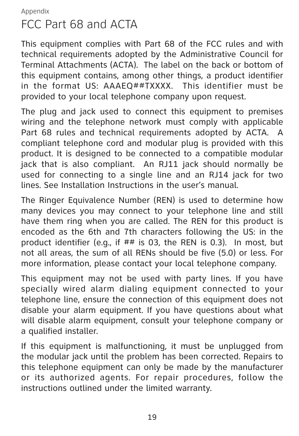 Fcc part 68 and acta | AT&T EXPANSION EP5632 User Manual | Page 22 / 30