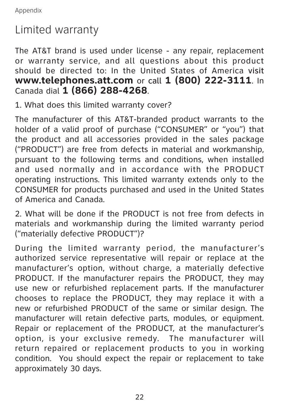 Limited warranty | AT&T EXPANSION EP5632 User Manual | Page 25 / 30