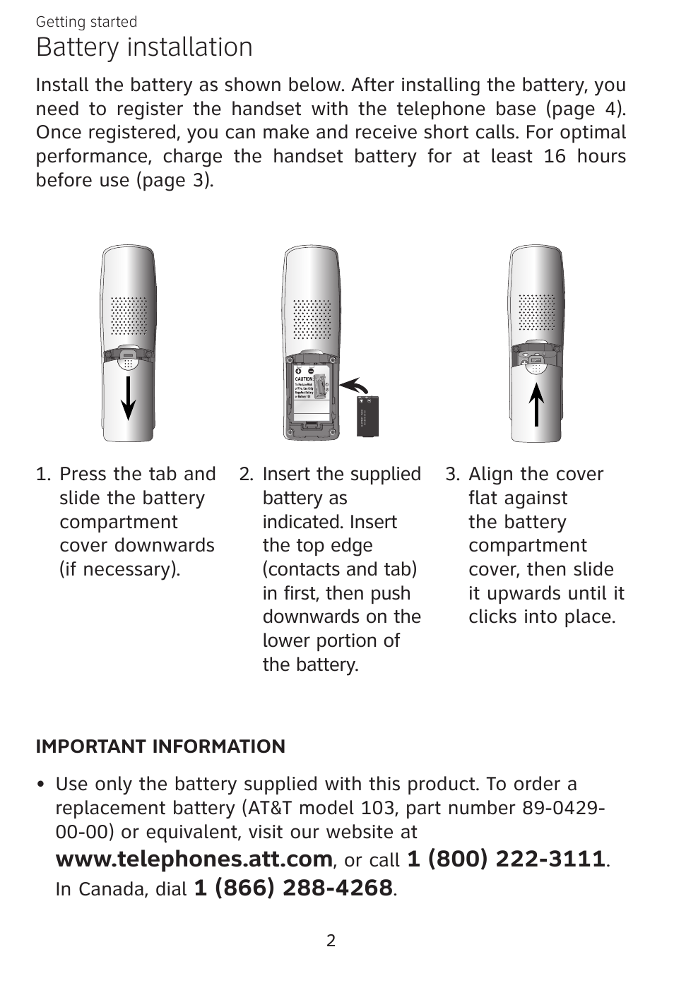 Battery installation, Or call | AT&T EXPANSION EP5632 User Manual | Page 5 / 30