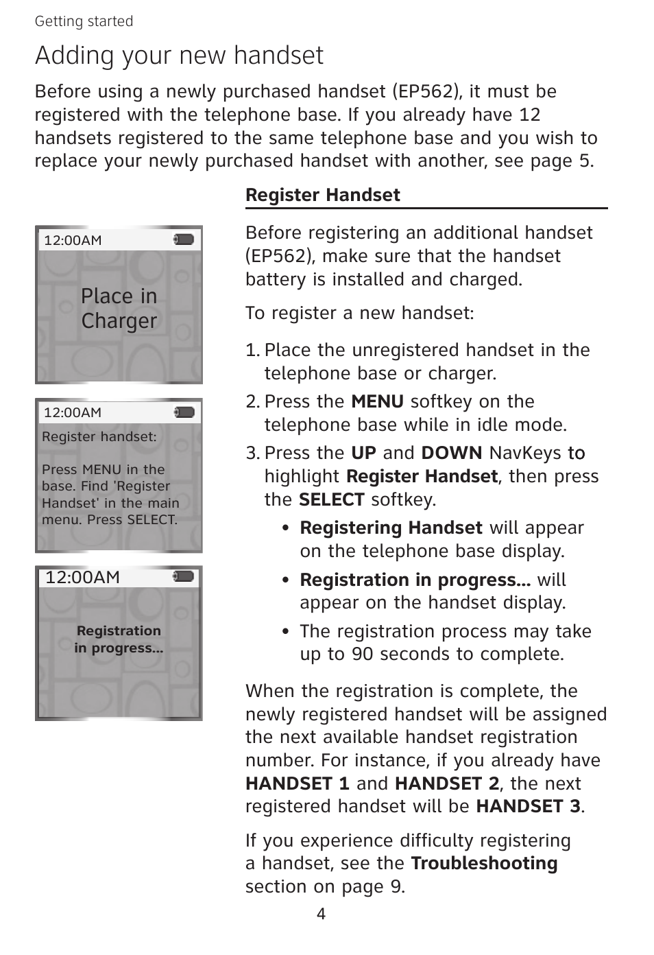 Adding your new handset, Place in charger | AT&T EXPANSION EP5632 User Manual | Page 7 / 30