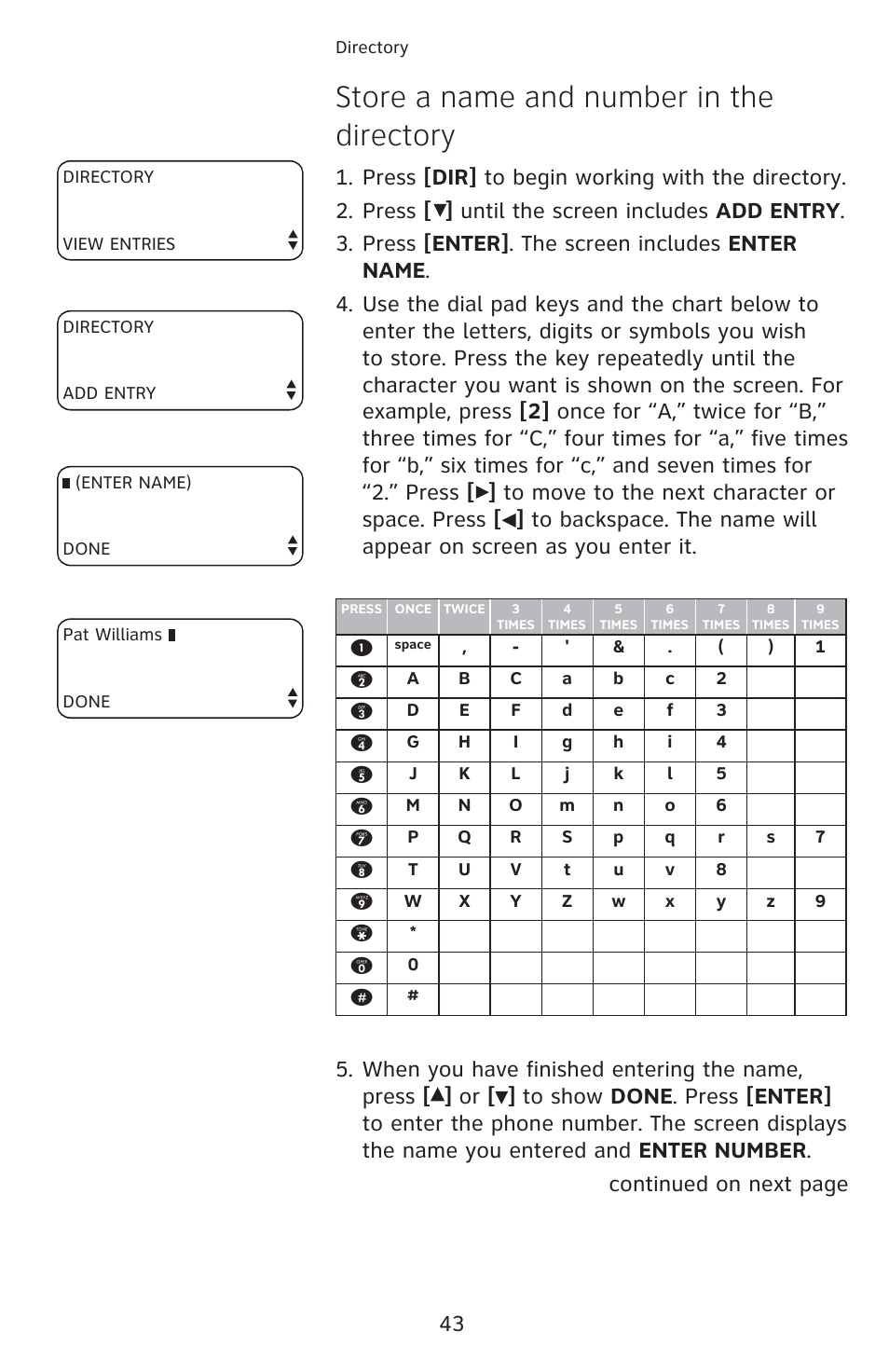 Store a name and number in the directory | AT&T 1070 User Manual | Page 29 / 74
