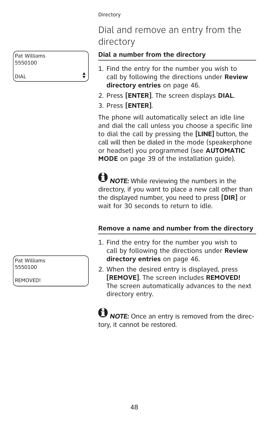 Dial and remove an entry from the directory | AT&T 1070 User Manual | Page 34 / 74
