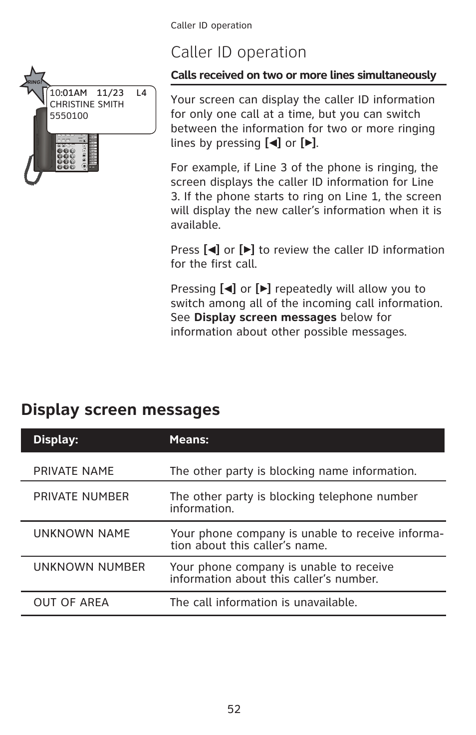 Caller id operation, Display screen messages | AT&T 1070 User Manual | Page 38 / 74