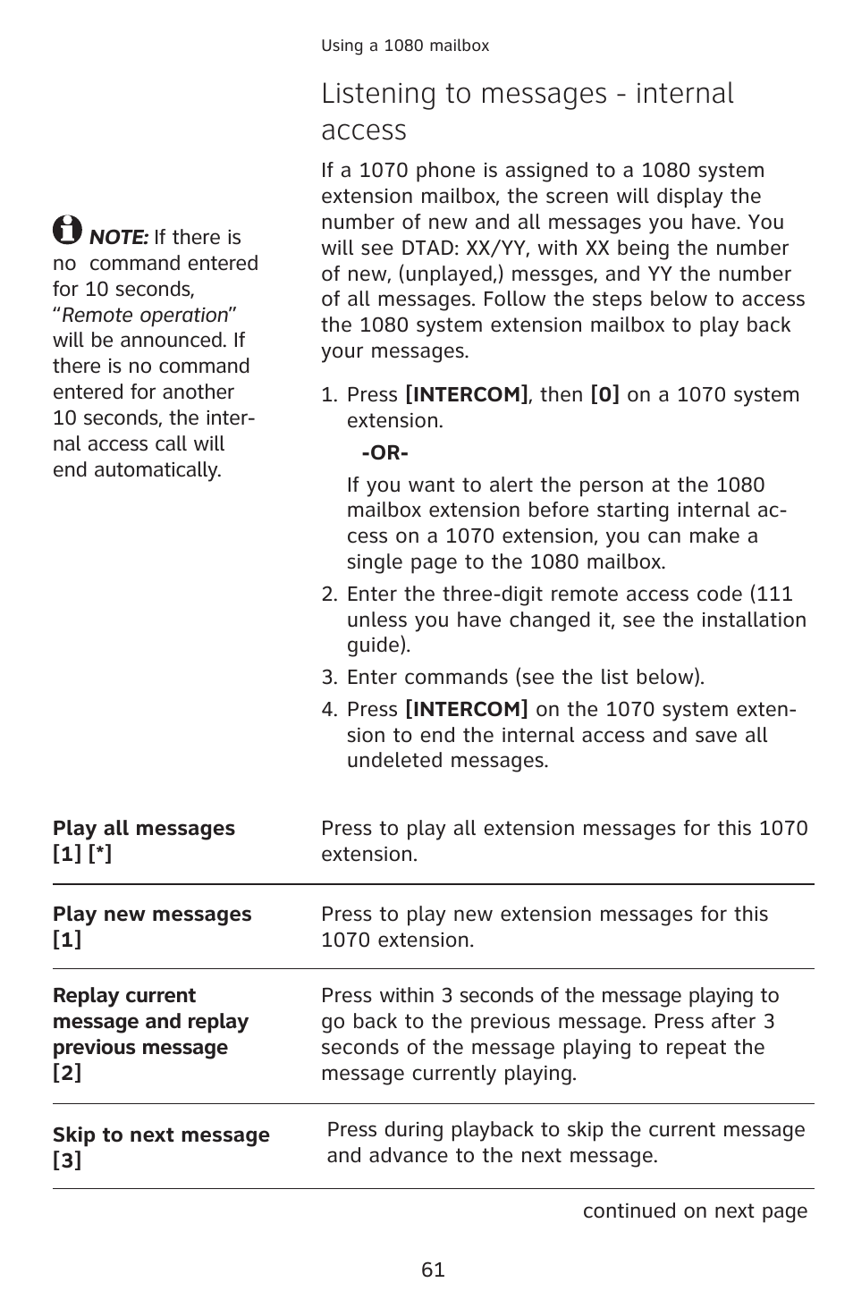 Listening to messages - internal access | AT&T 1070 User Manual | Page 47 / 74
