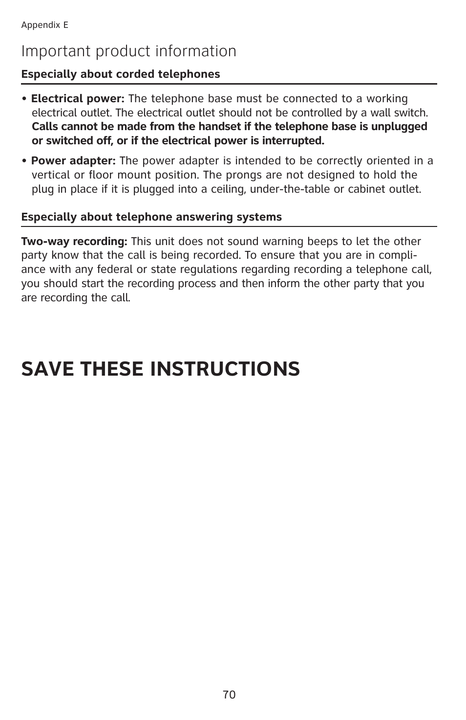 Save these instructions, Important product information | AT&T 1070 User Manual | Page 56 / 74