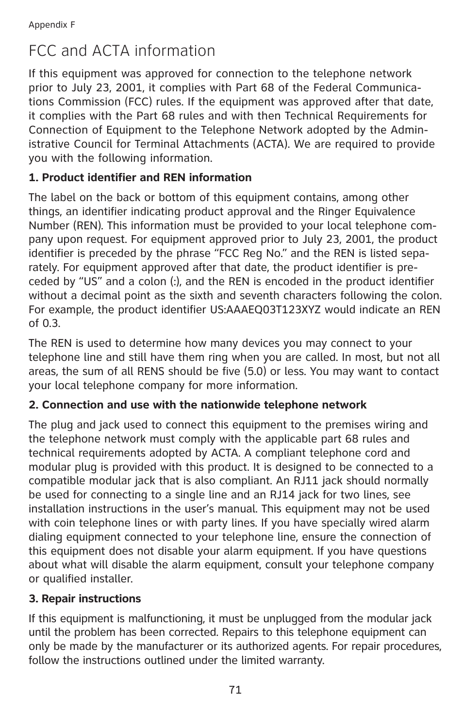 Fcc and acta information | AT&T 1070 User Manual | Page 57 / 74