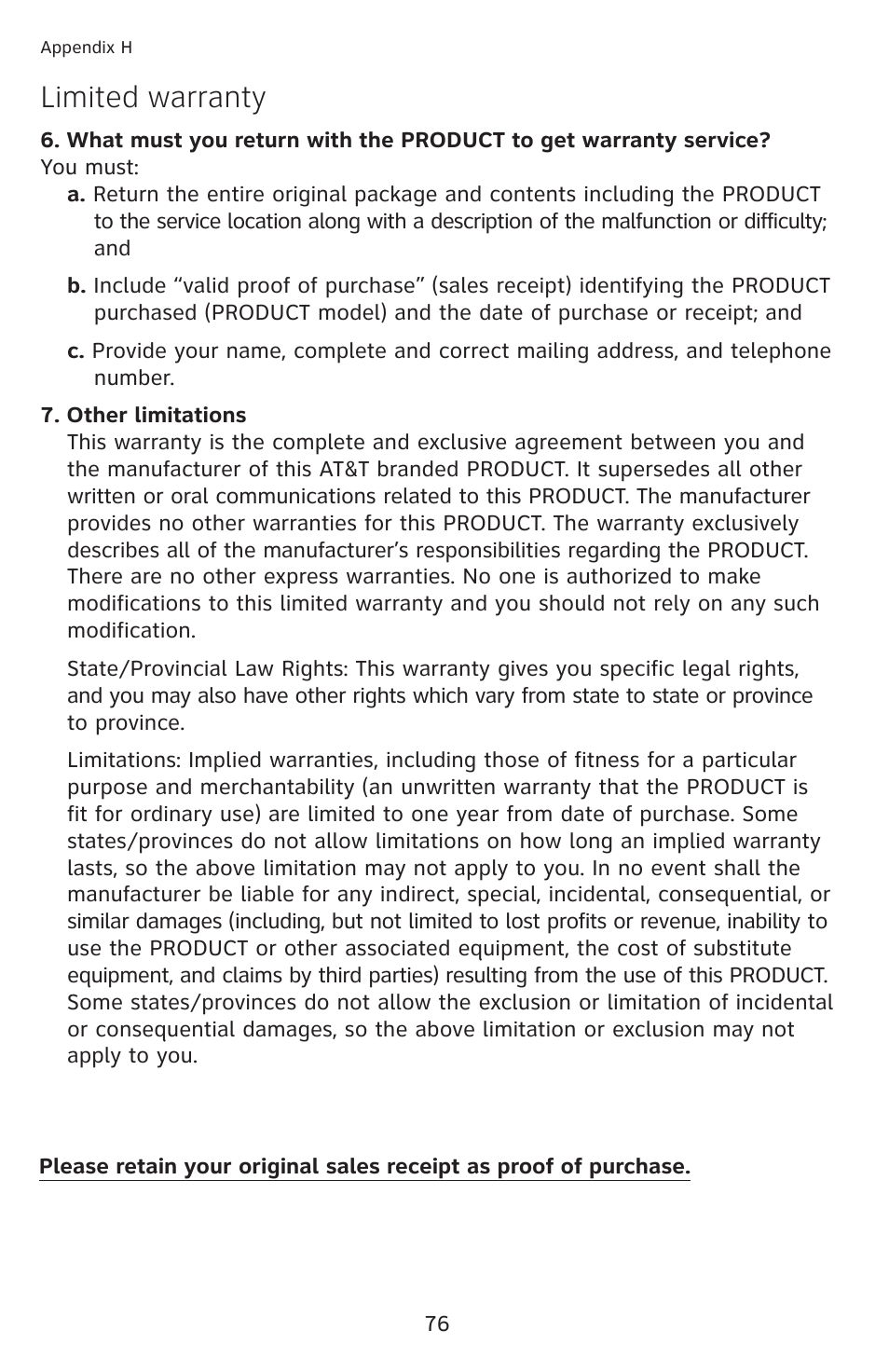 Limited warranty | AT&T 1070 User Manual | Page 62 / 74