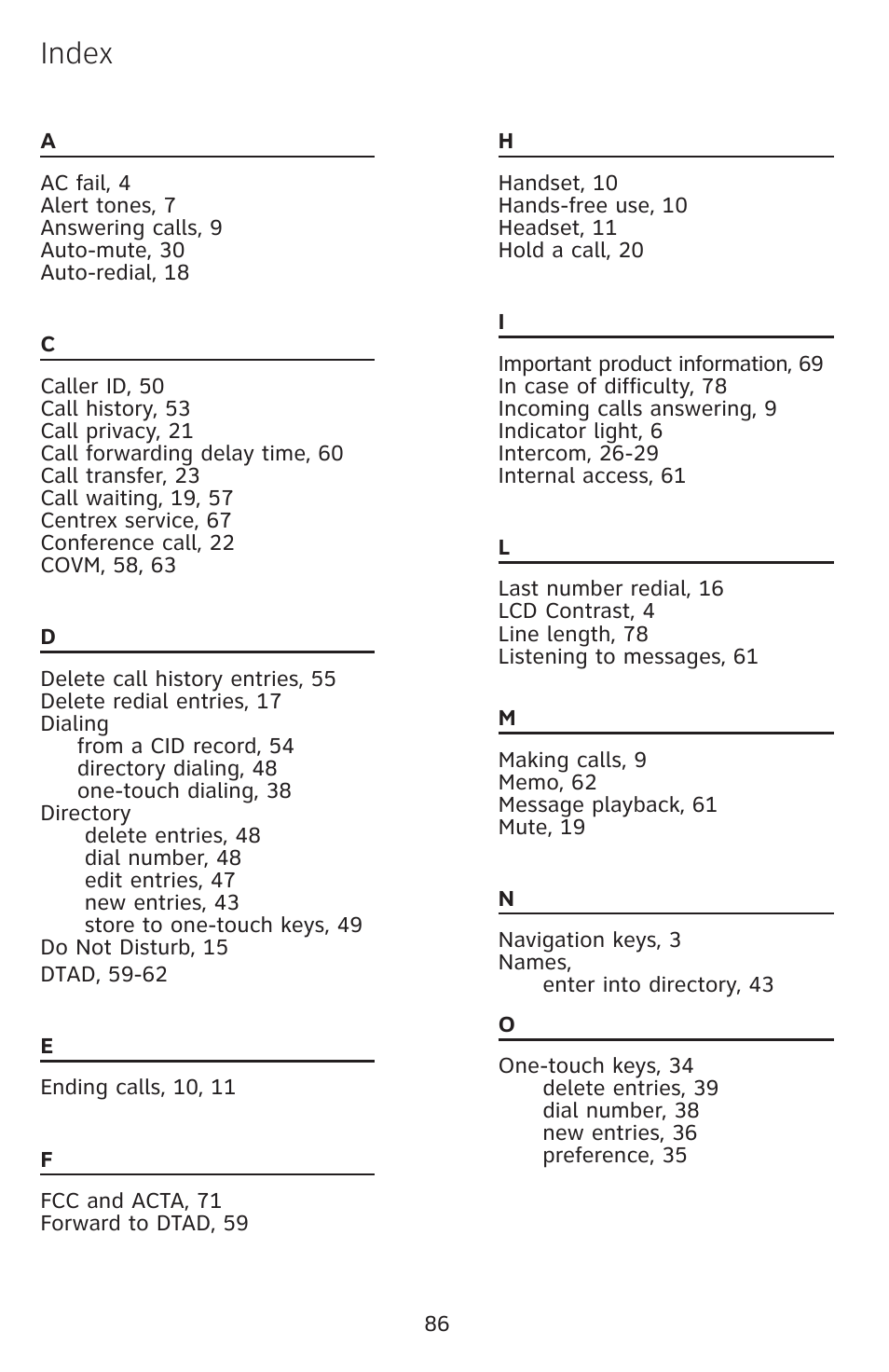 Index | AT&T 1070 User Manual | Page 72 / 74
