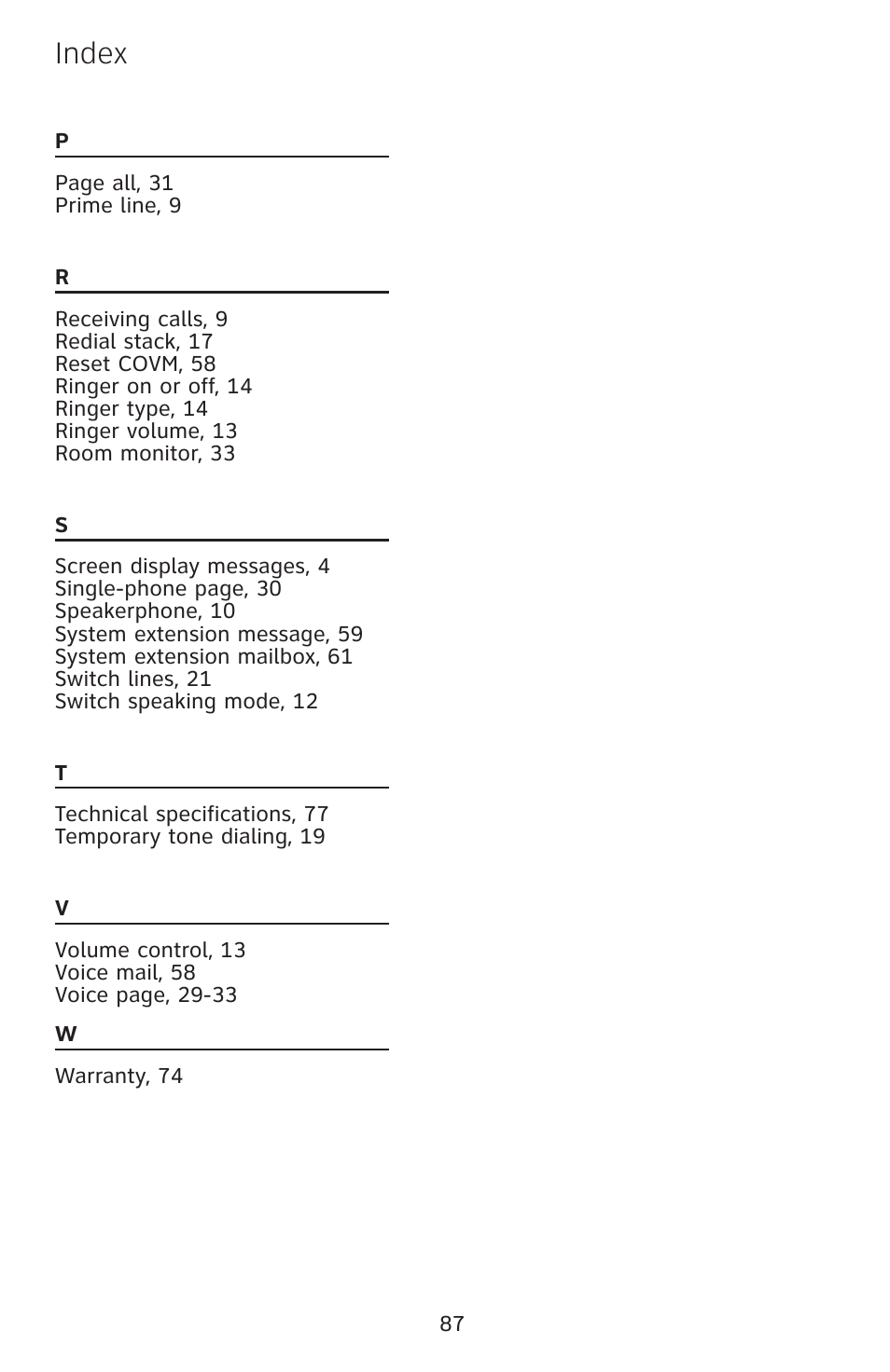 Index | AT&T 1070 User Manual | Page 73 / 74