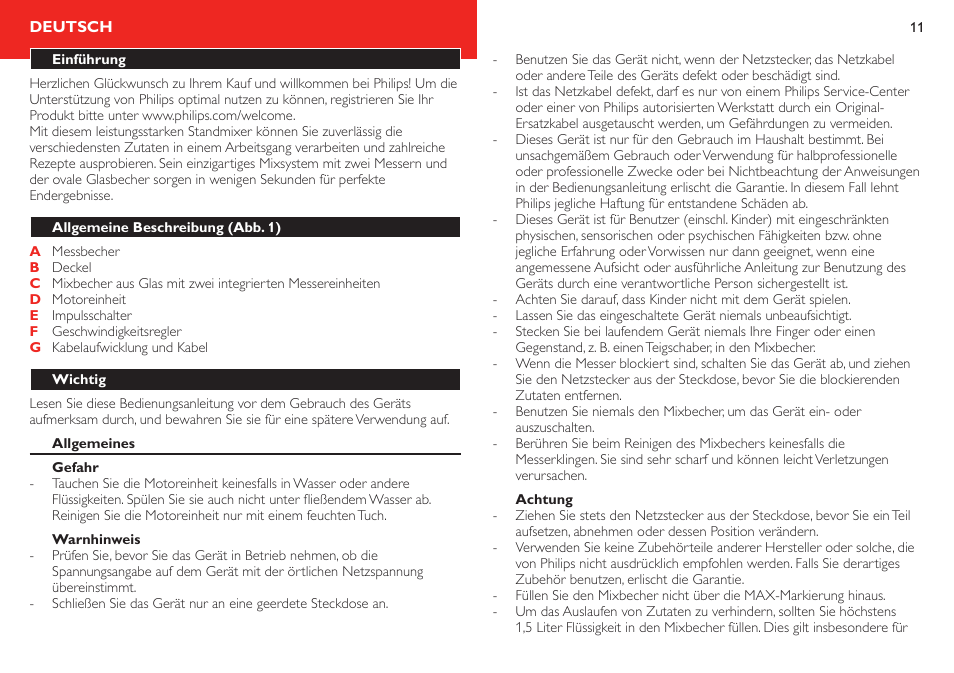 Deutsch, Einführung, Allgemeine beschreibung (abb. 1) | Wichtig, Allgemeines, Gefahr, Warnhinweis | Philips Robust Collection Blender User Manual | Page 11 / 28