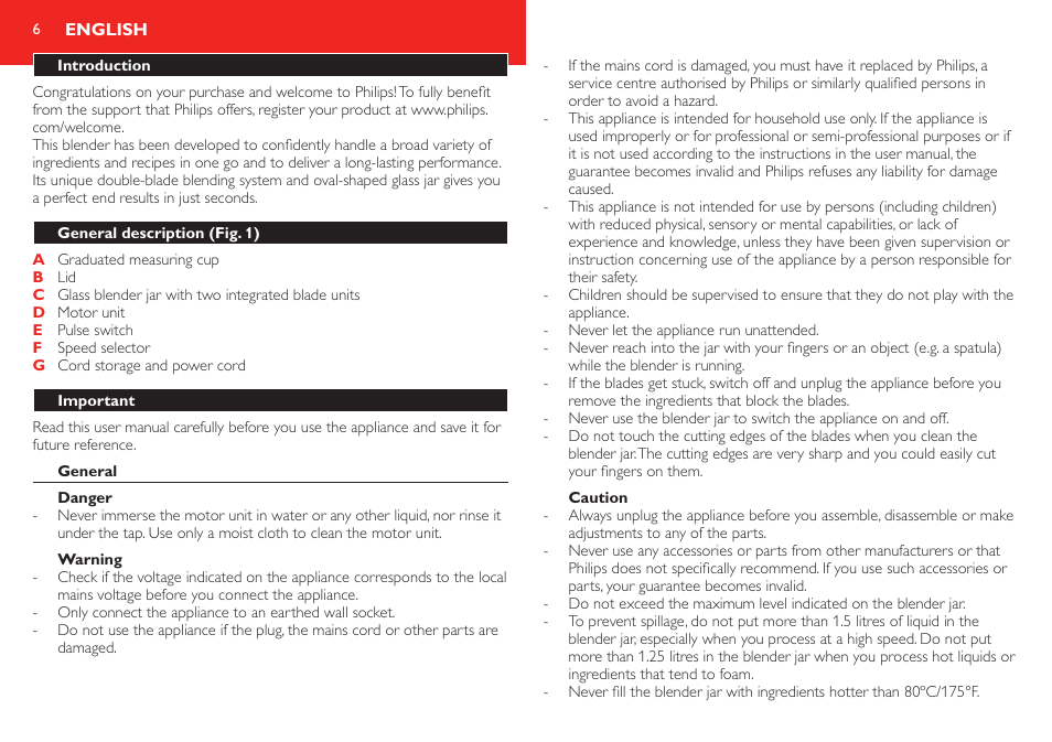 English, Introduction, General description (fig. 1) | Important, General, Danger, Warning | Philips Robust Collection Blender User Manual | Page 6 / 28