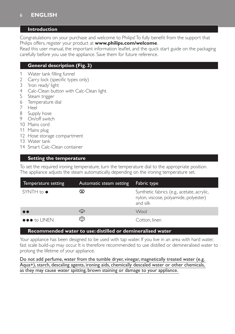 English | Philips Centrale vapeur User Manual | Page 6 / 28
