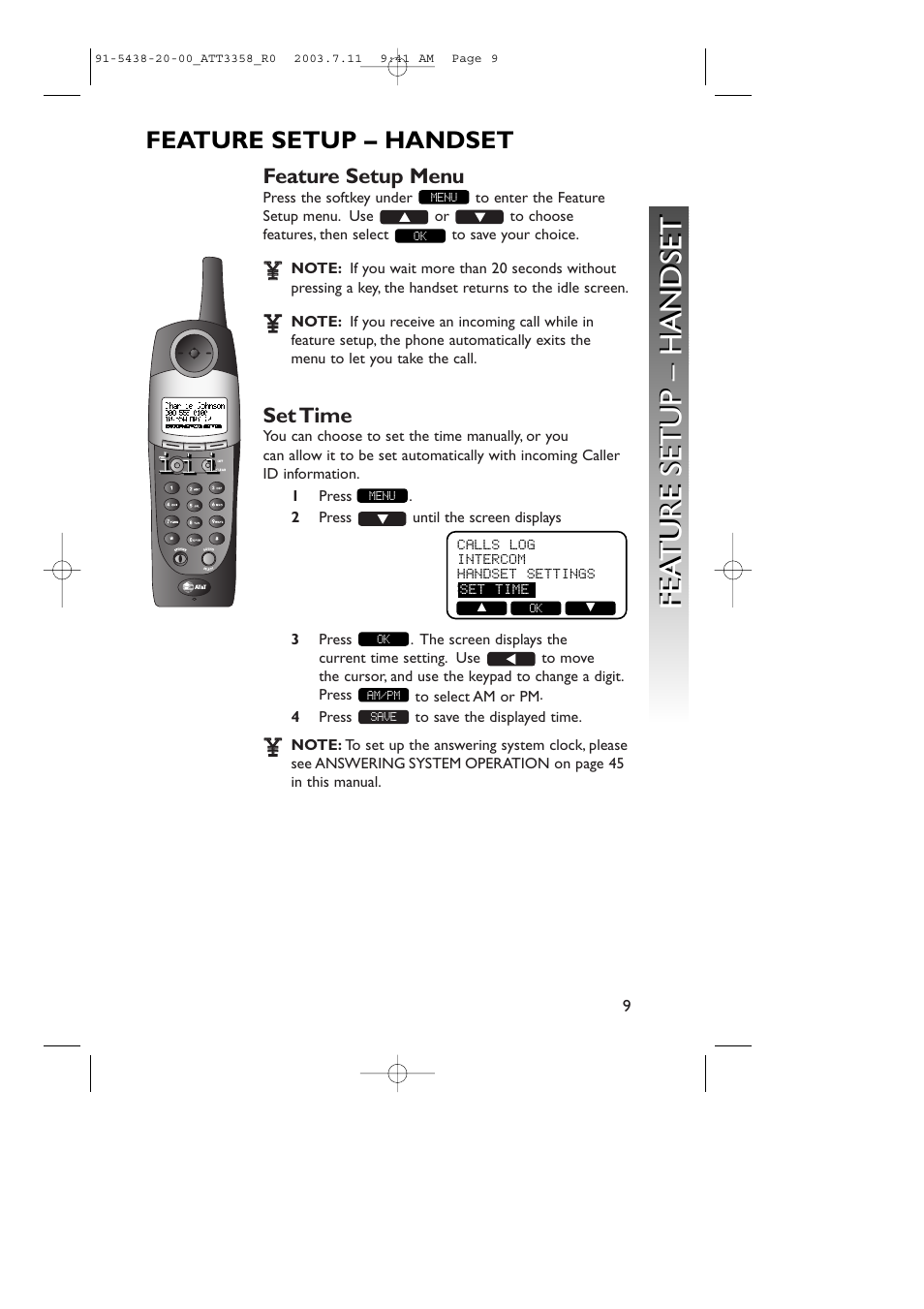 Fea ture setup – handset | AT&T 3358 User Manual | Page 12 / 72