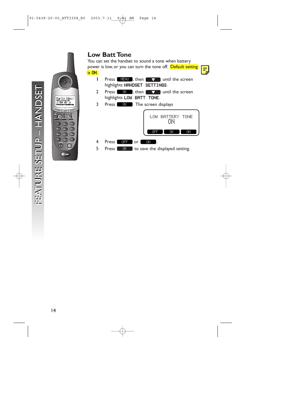Fea ture setup – handset fea ture setup – handset | AT&T 3358 User Manual | Page 17 / 72