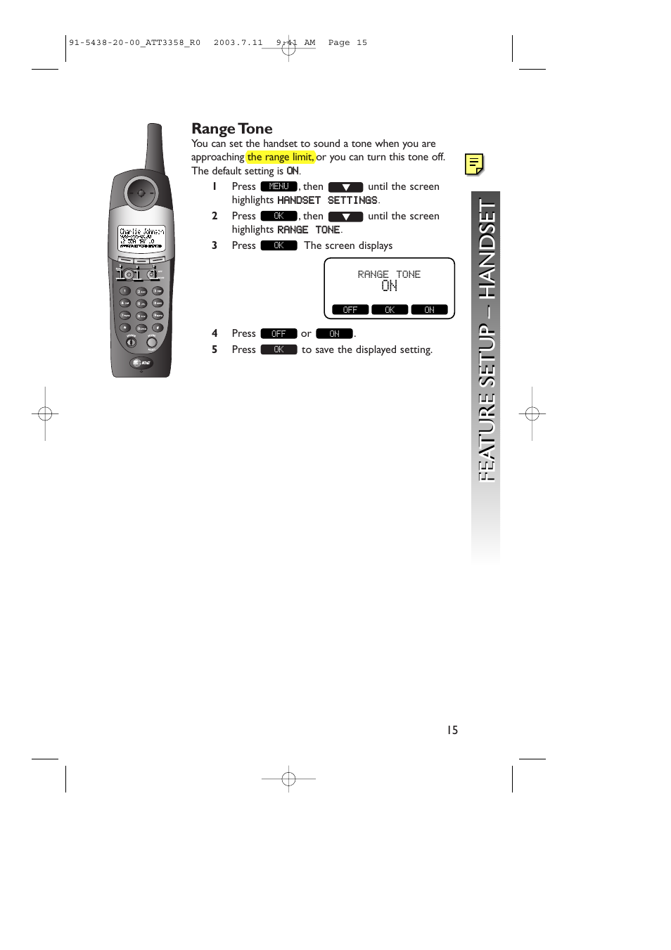 Fea ture setup – handset fea ture setup – handset | AT&T 3358 User Manual | Page 18 / 72