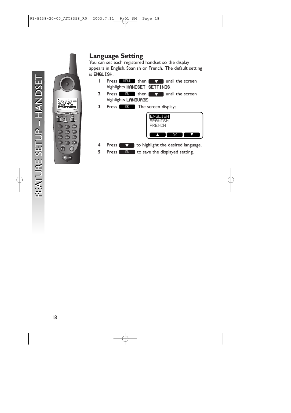 Fea ture setup – handset fea ture setup – handset | AT&T 3358 User Manual | Page 21 / 72