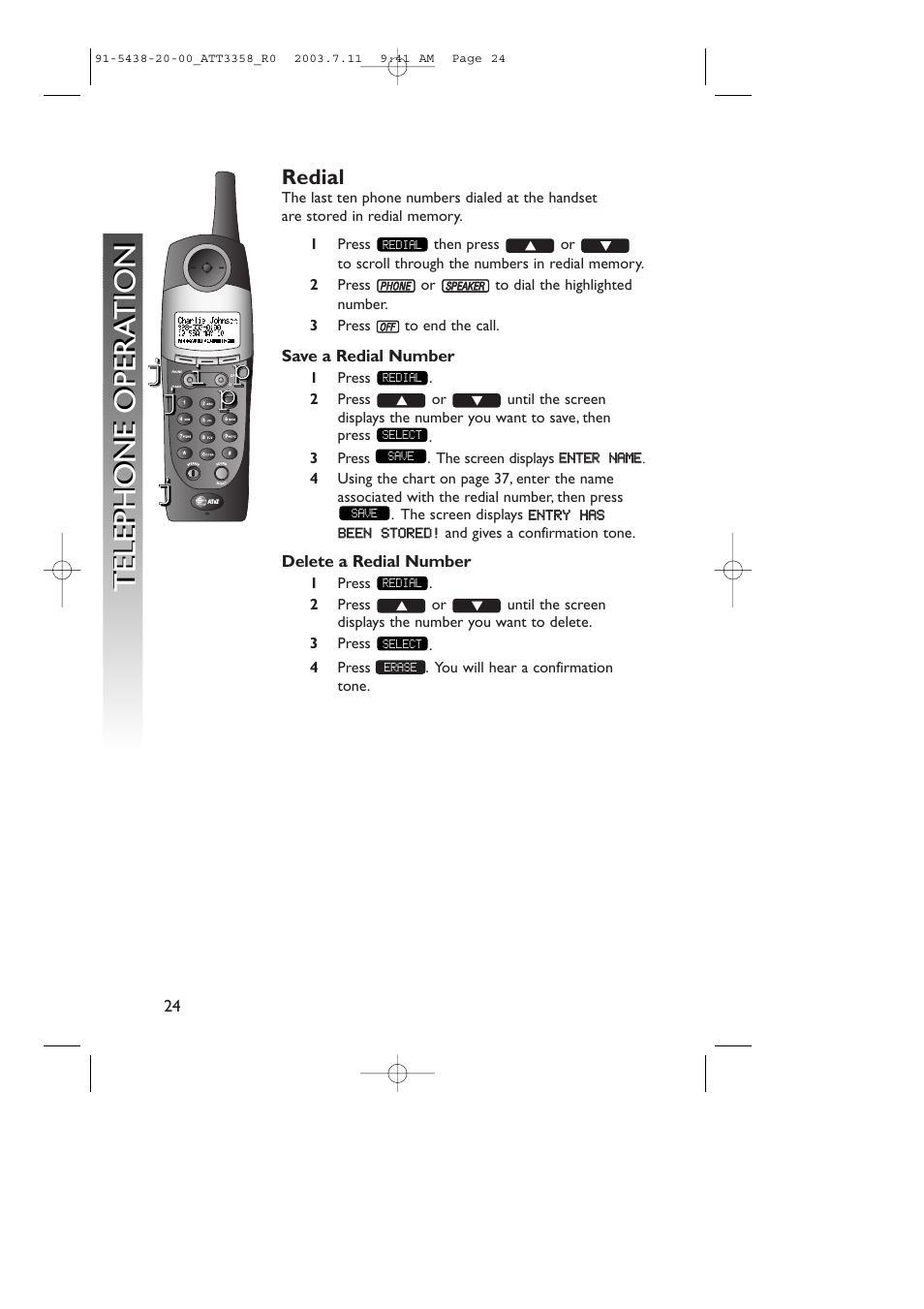 Telephone opera tion telephone opera tion | AT&T 3358 User Manual | Page 27 / 72