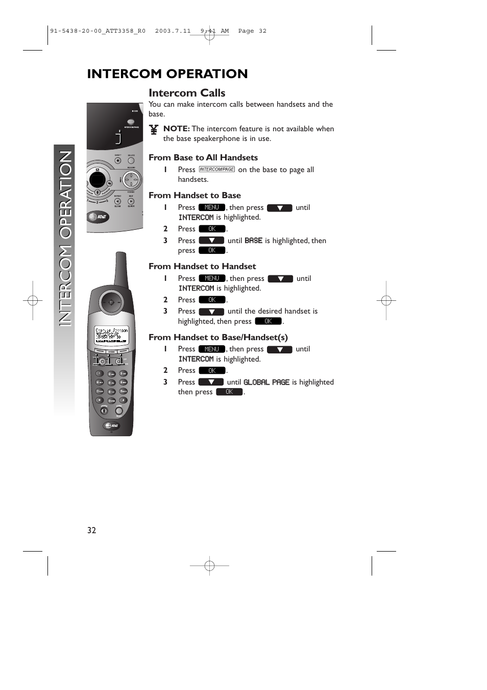 Intercom opera tion intercom opera tion, Intercom operation | AT&T 3358 User Manual | Page 35 / 72