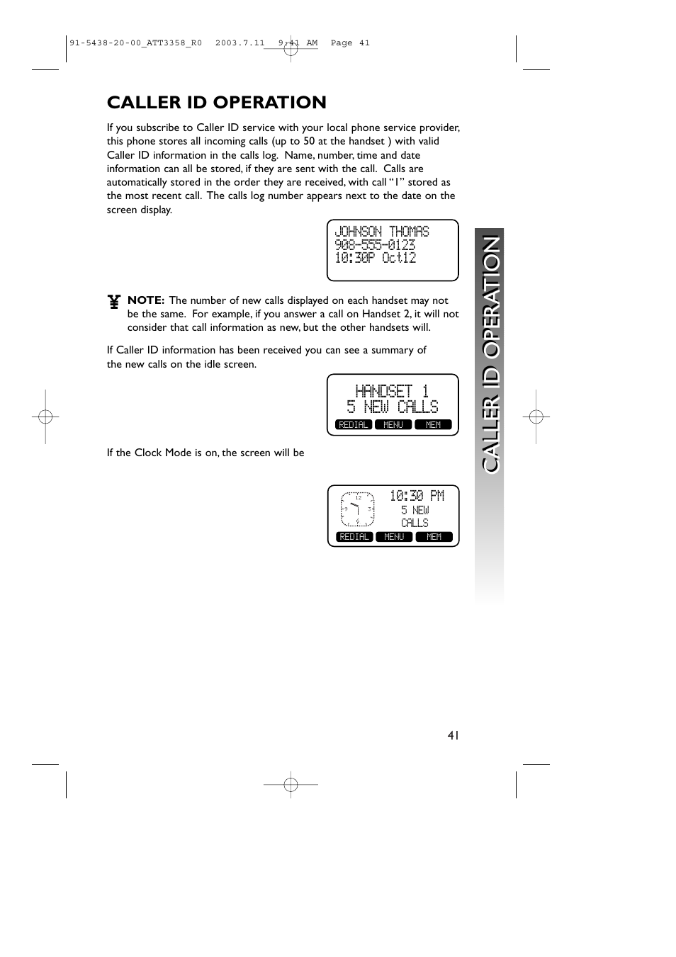 Caller id opera tion c aller id opera tion, Handset 1 5 new calls | AT&T 3358 User Manual | Page 44 / 72