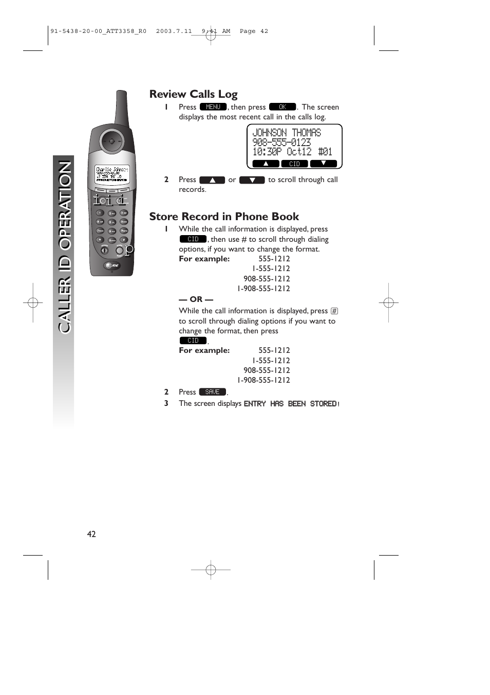 Caller id opera tion c aller id opera tion | AT&T 3358 User Manual | Page 45 / 72
