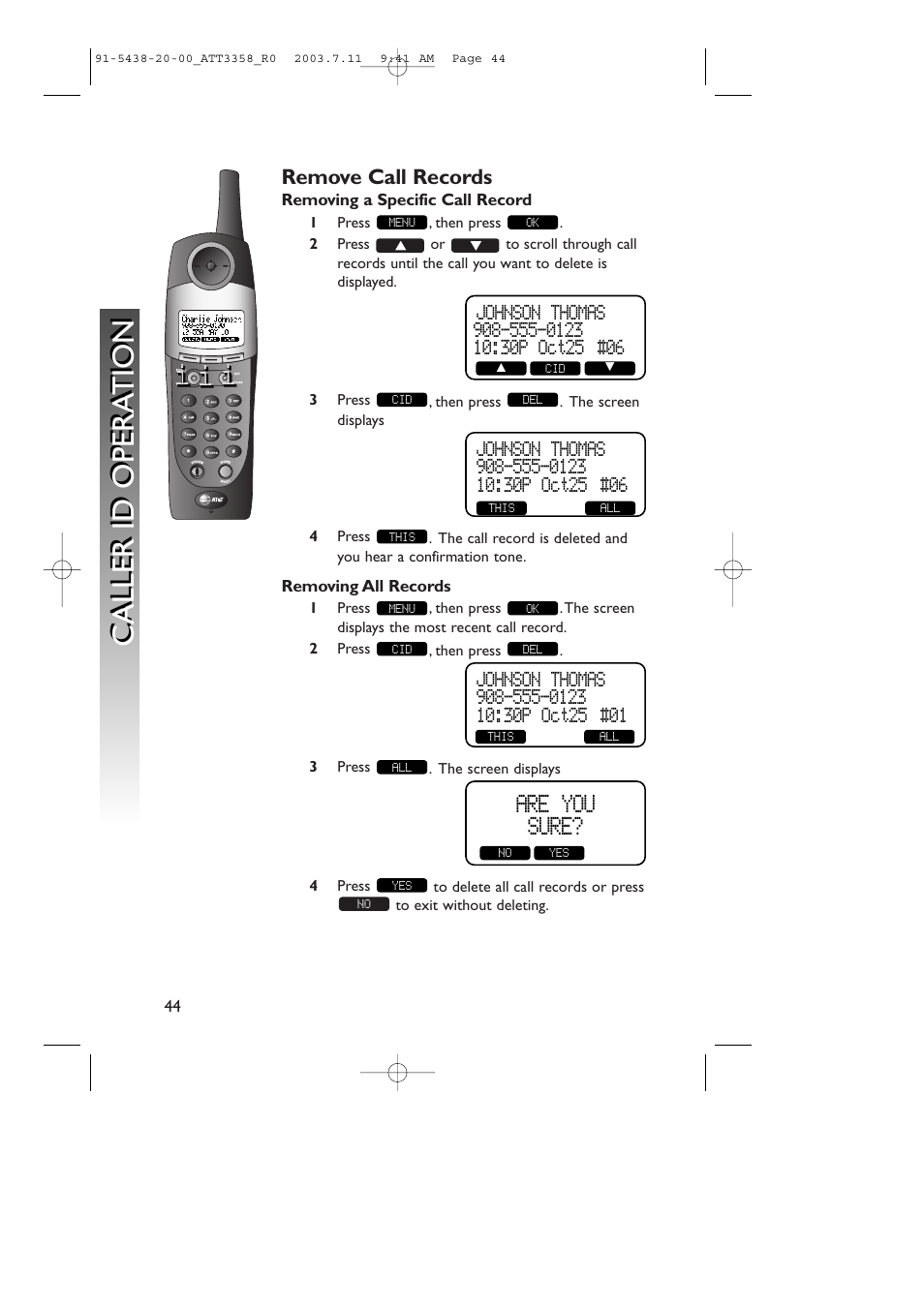 Caller id opera tion c aller id opera tion, Are you sure | AT&T 3358 User Manual | Page 47 / 72