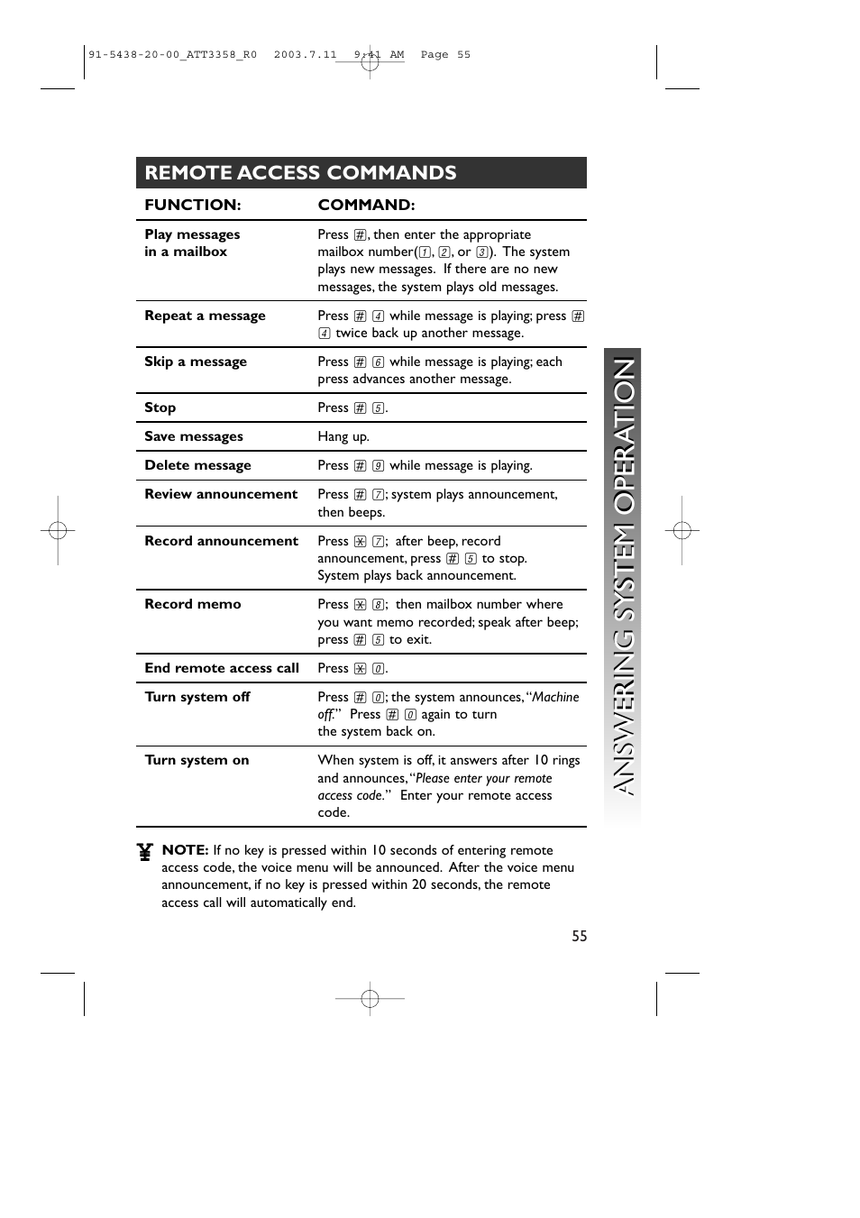 Remote access commands | AT&T 3358 User Manual | Page 58 / 72
