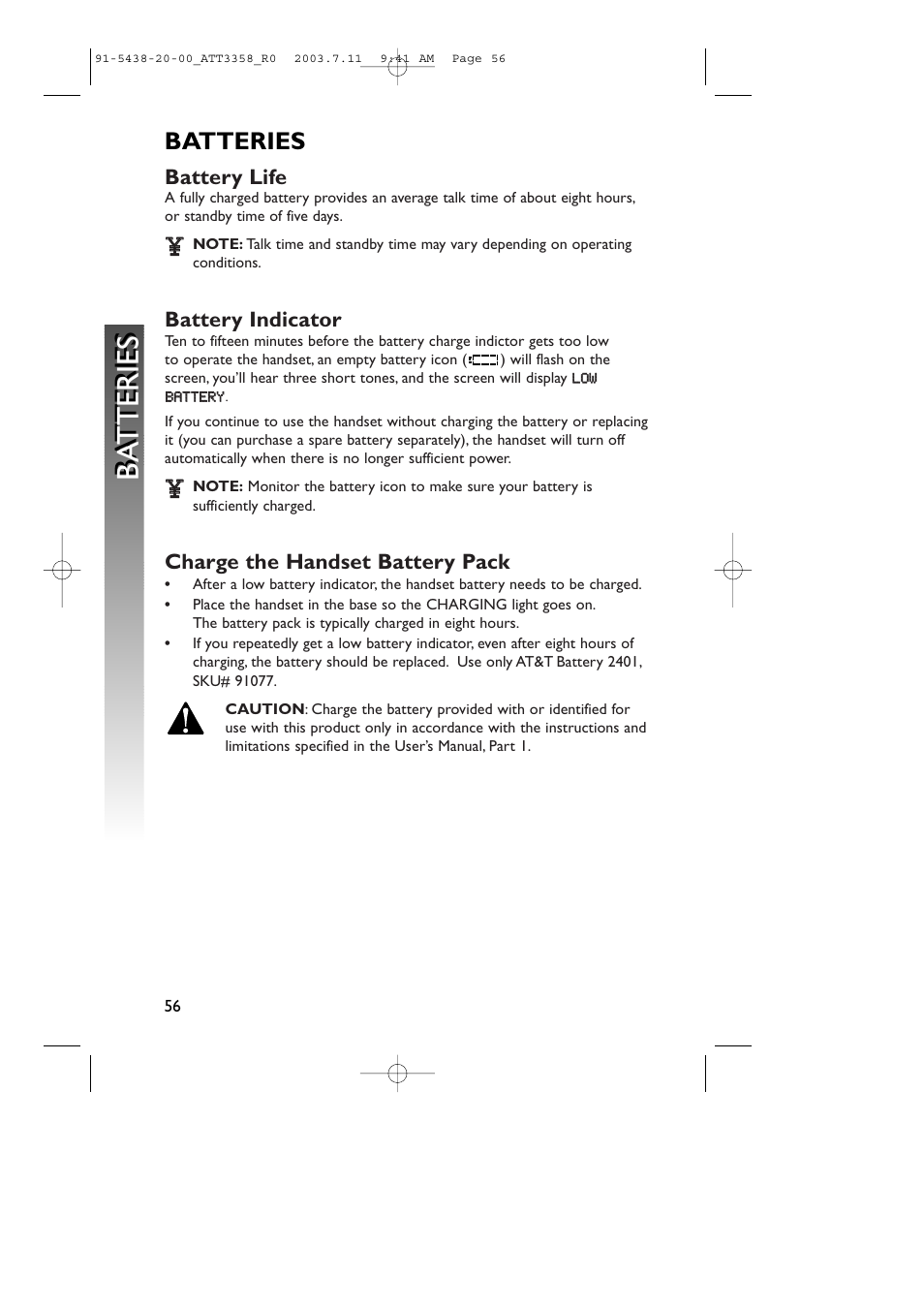 Ba tteries b a tteries, Batteries | AT&T 3358 User Manual | Page 59 / 72