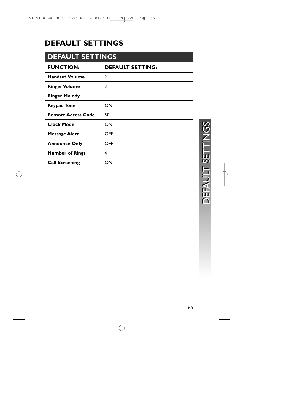 Def a u lt settings def a u lt settings, Default settings | AT&T 3358 User Manual | Page 68 / 72