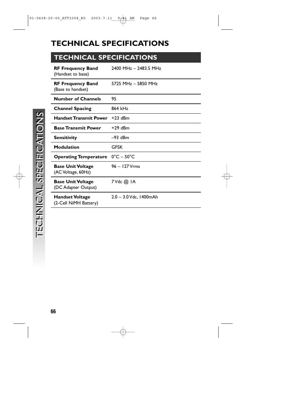 Technical specifications | AT&T 3358 User Manual | Page 69 / 72