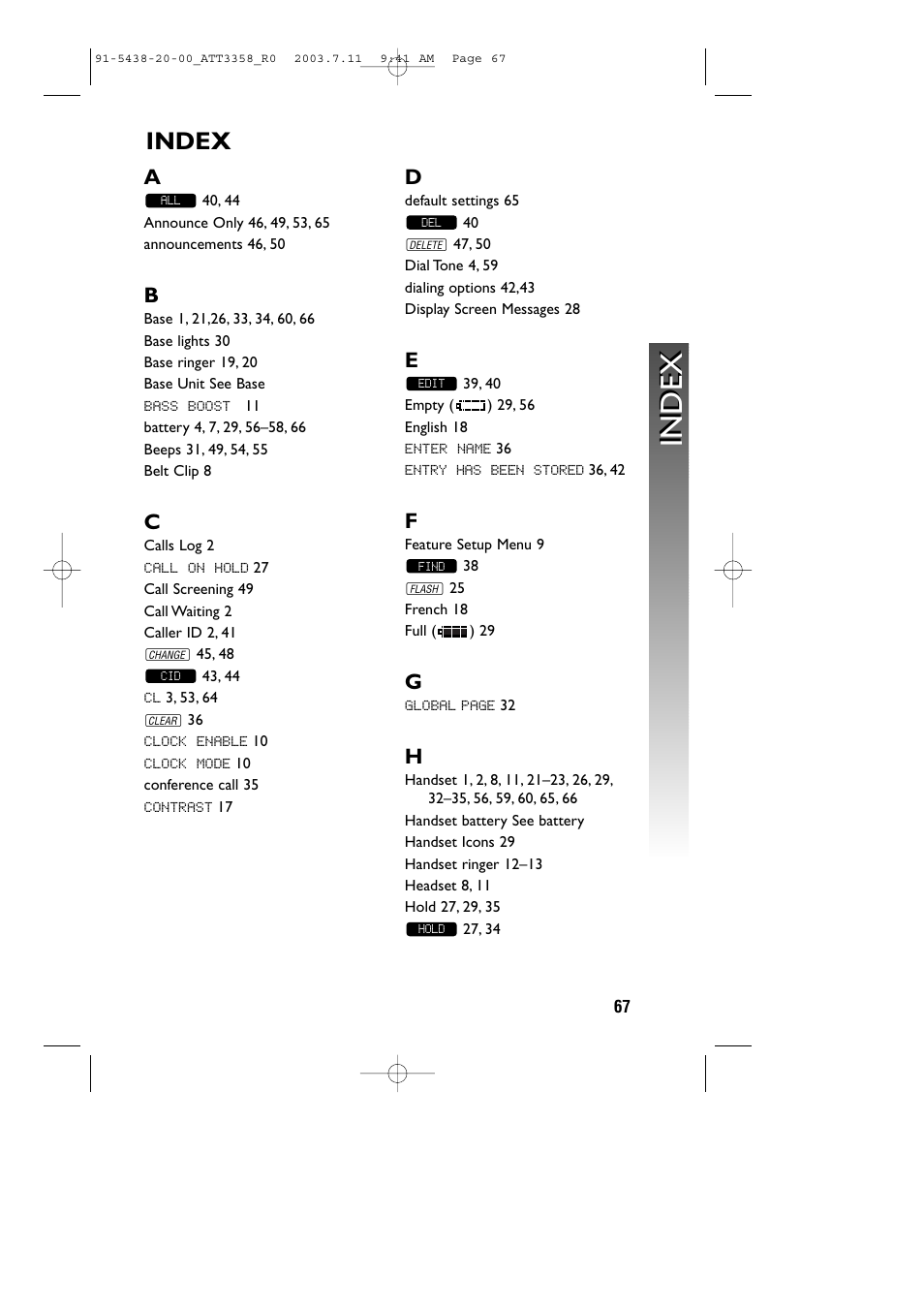 Index | AT&T 3358 User Manual | Page 70 / 72