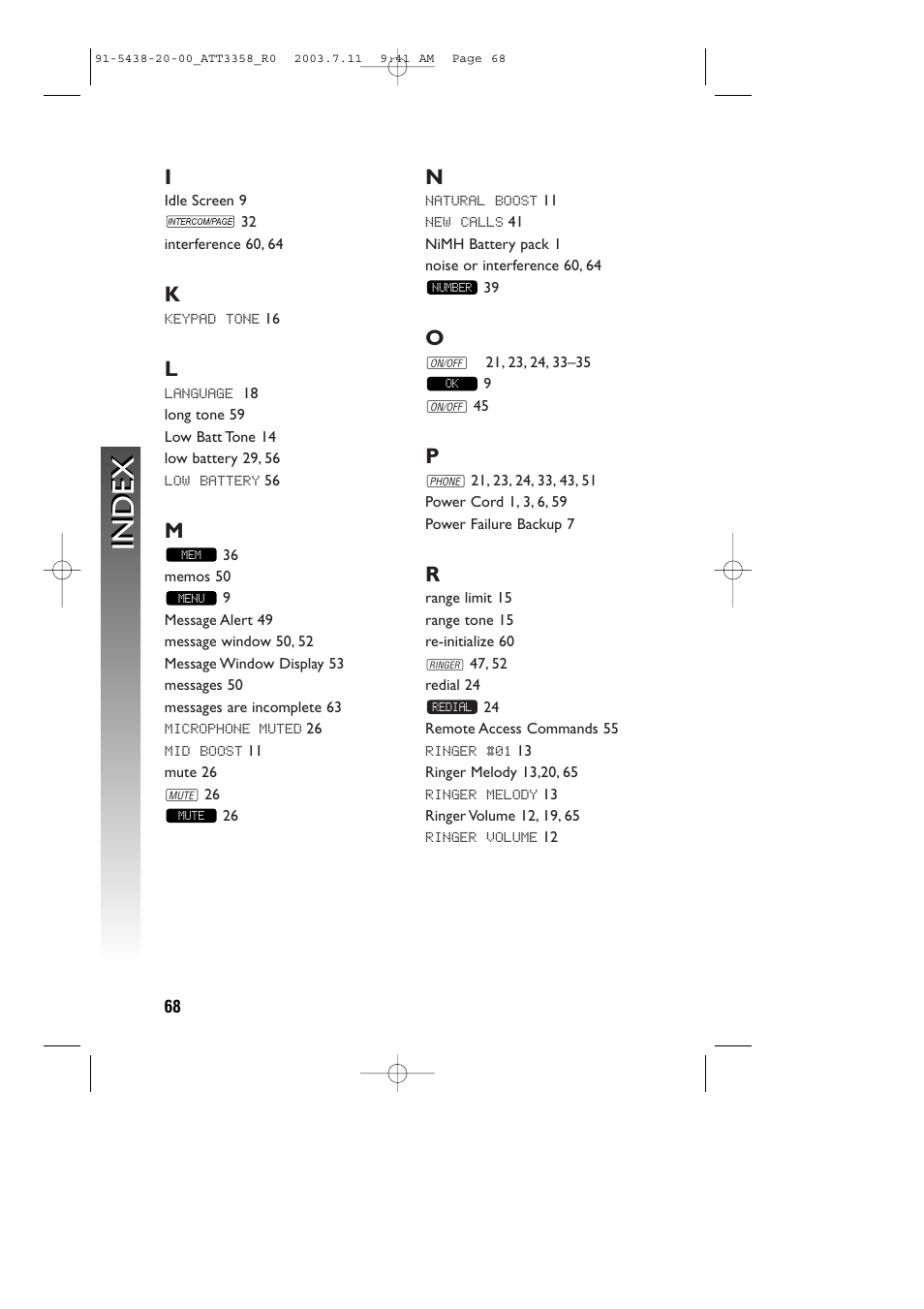 Index | AT&T 3358 User Manual | Page 71 / 72