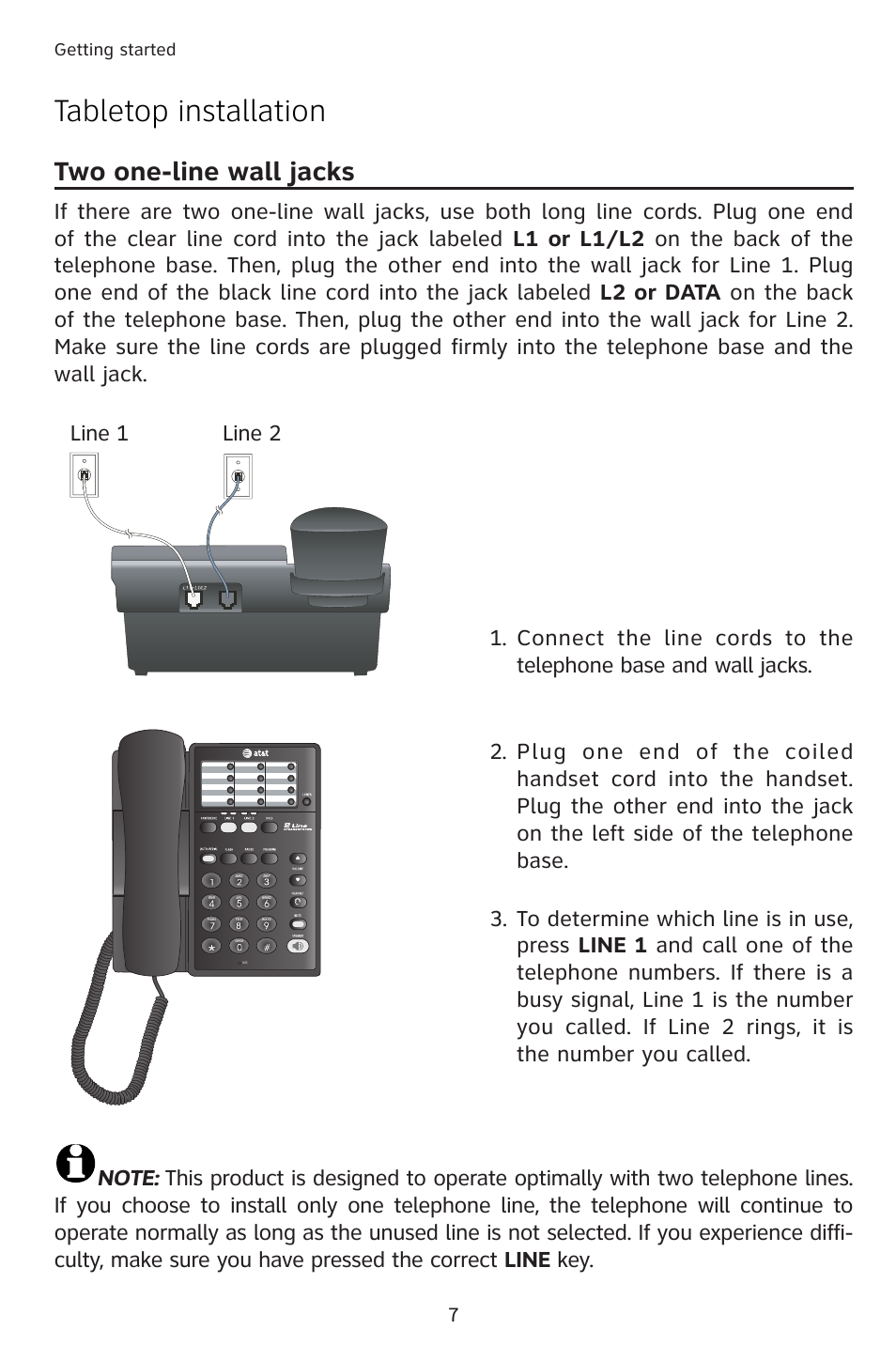 Tabletop installation, Two one-line wall jacks, Line 1 line 2 | AT&T 983 User Manual | Page 10 / 39