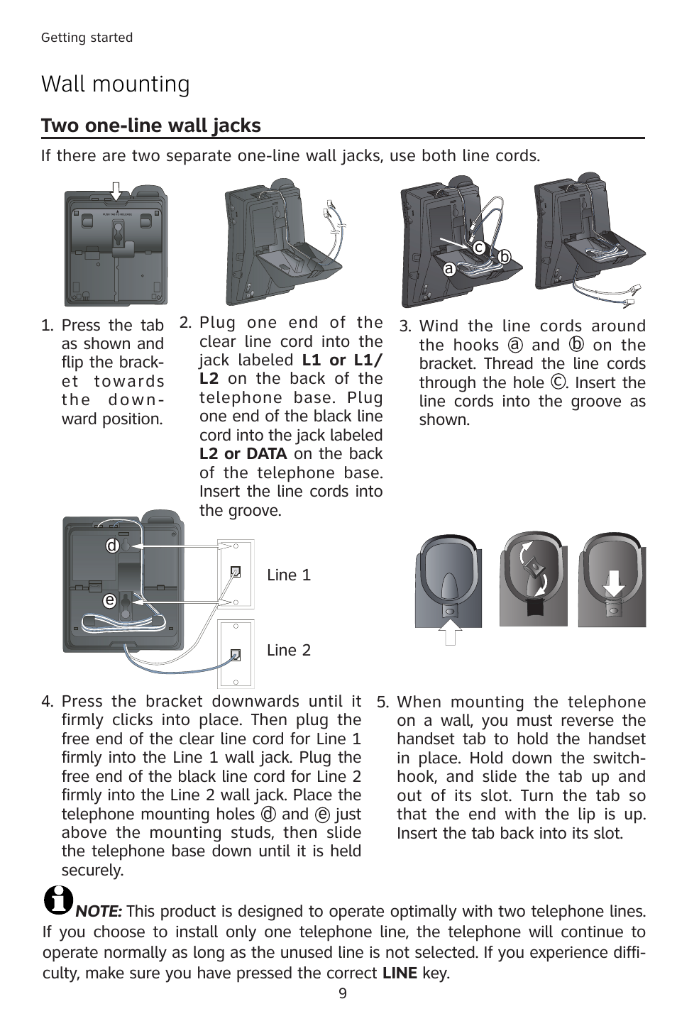 Wall mounting, Two one-line wall jacks | AT&T 983 User Manual | Page 12 / 39