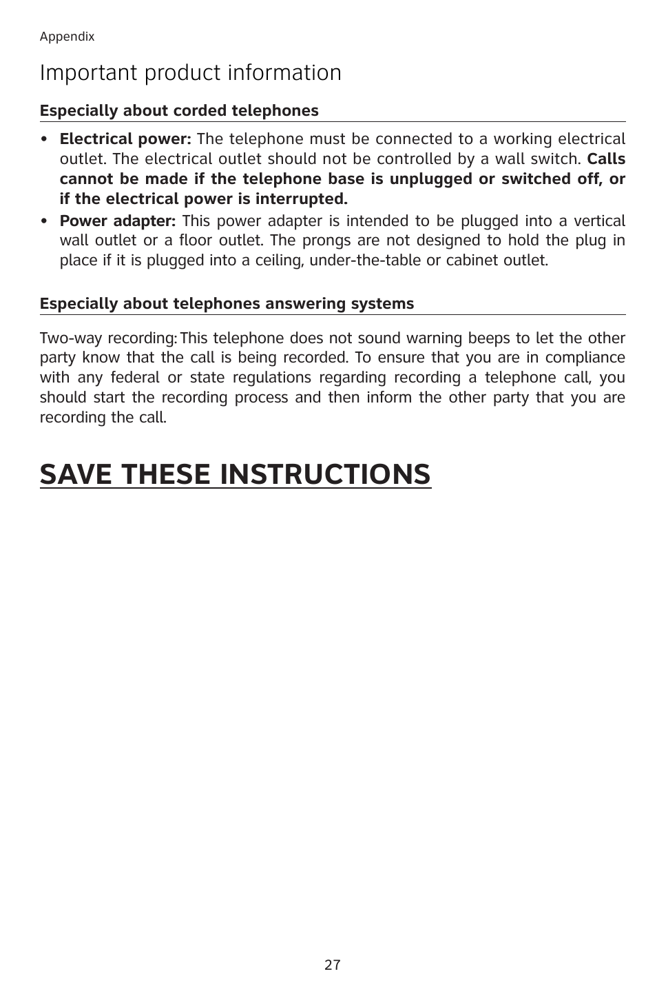 Save these instructions, Important product information | AT&T 983 User Manual | Page 30 / 39