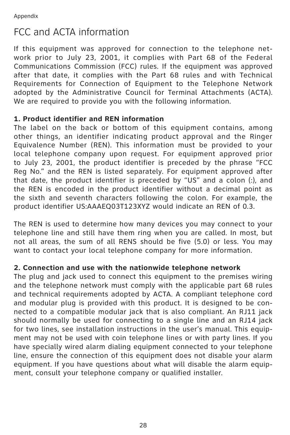 Fcc and acta information | AT&T 983 User Manual | Page 31 / 39