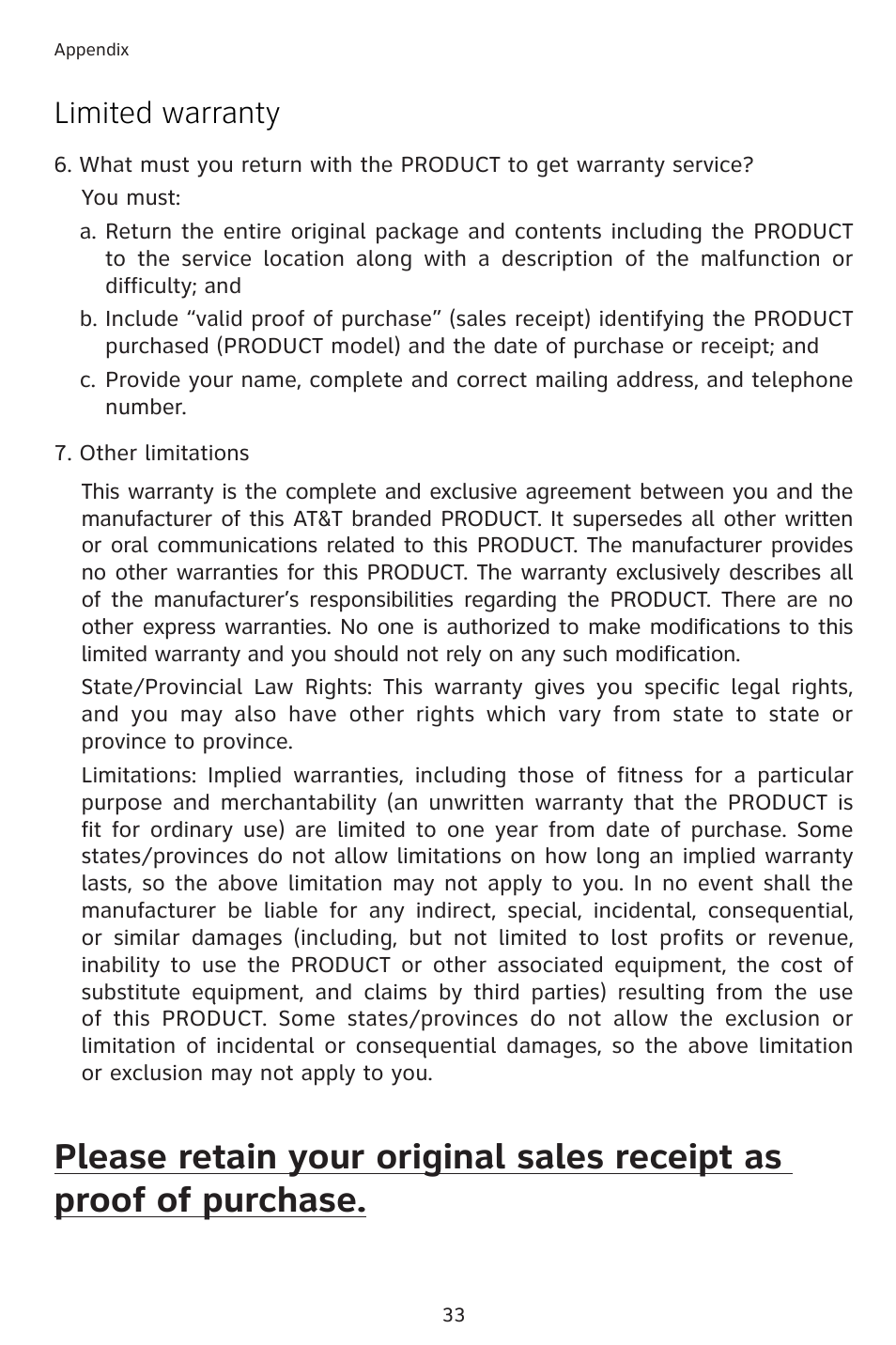 Limited warranty | AT&T 983 User Manual | Page 36 / 39