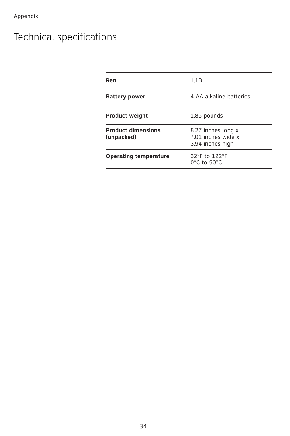 Technical specifications | AT&T 983 User Manual | Page 37 / 39