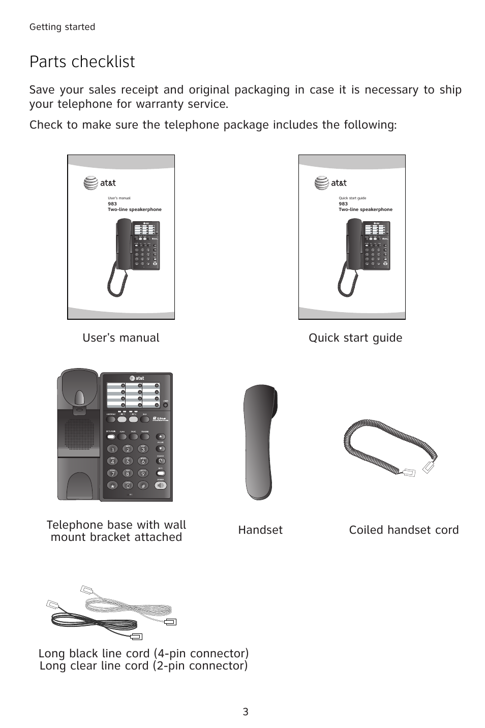 Parts checklist, Getting started | AT&T 983 User Manual | Page 6 / 39